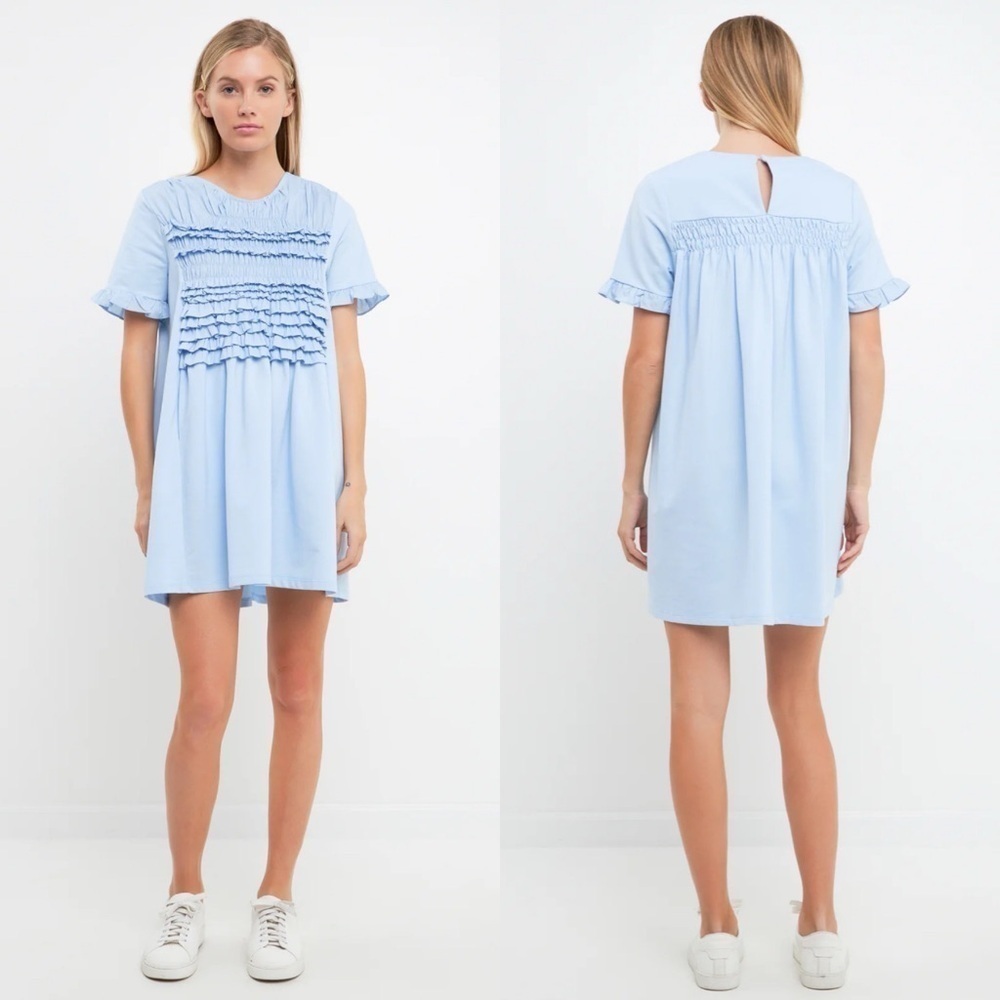 English Factory Mixed Media Ruffle Detail Dress Powder Blue
